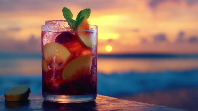 Iced fruit drink at sunset beach