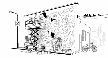 Artists Painting Large Abstract Mural on City Wall with Scissor Lift © Eka