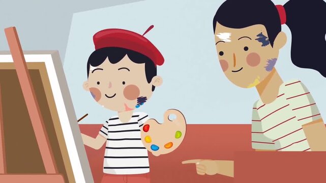 2D Animation of Young Boy and Girl Painting Together on Canvas, Creative Childhood Art Class and Hobby Concept