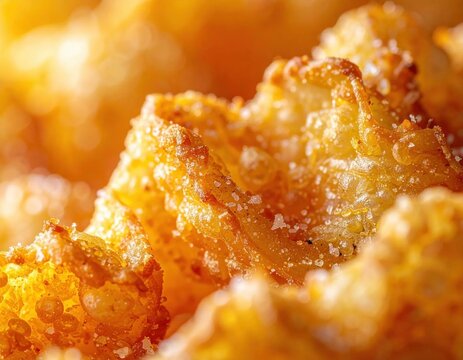 Extreme macro closeup of golden crispy fried pork rind chicharrones, salty snack texture with glowing warm lighting and shallow depth of field