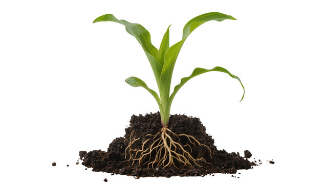 Young corn seedling with visible roots in dark soil, isolated on transparent background