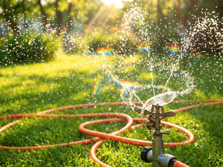 Naklejka premium Sprinkler Watering Lush Garden Under Sunlight