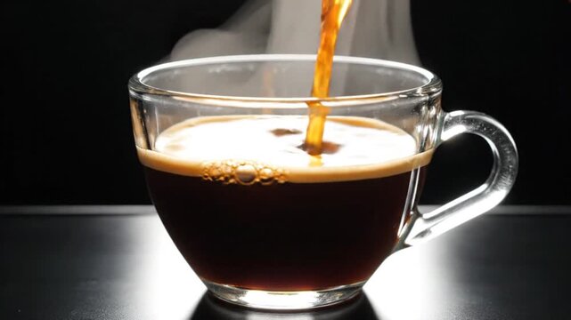 Close up of hot coffee pouring into clear glass cup with steam