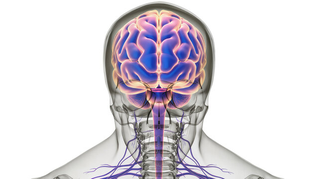 Human brain with glowing purple and blue neural network, isolated on transparent background