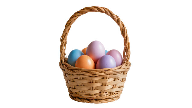 Woven wicker basket filled with pastel colored Easter eggs, isolated on transparent background