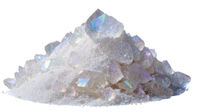 Pile of iridescent crystal shards and fine sand, isolated on transparent background
