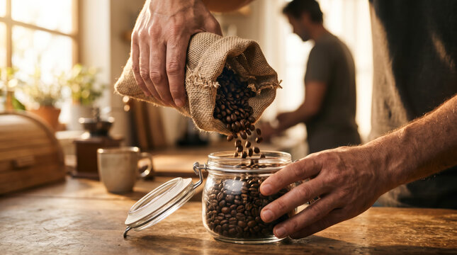 Pouring Roasted Coffee Beans Into Glass Jar Cozy Kitchen