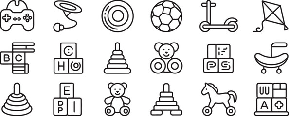 Sports and Educational Icon Set Featuring Game Controller, Football, Horn, Maze, Teddy Bear, and More Outline Symbols © md