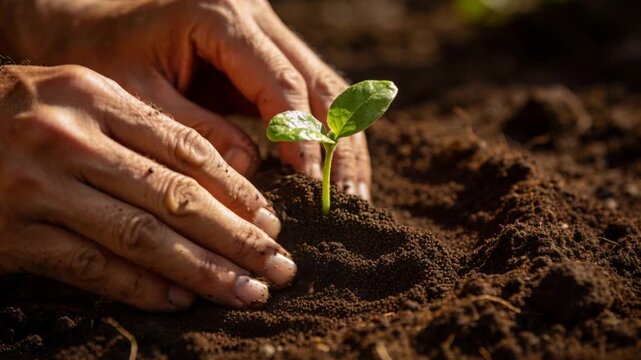 Placing seedling into garden bed hole, gardener's bare hands tamping soil and securing roots