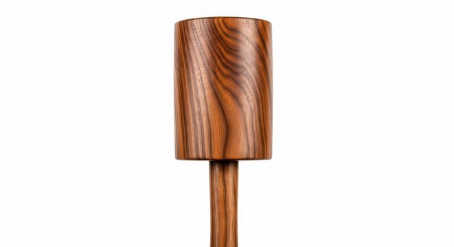 Closeup of a wooden mallet head with a distinct grain pattern isolated on white background