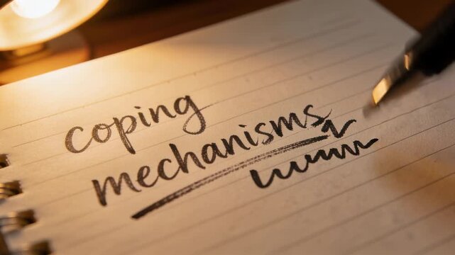 Pen tip approaching, hand underlining coping mechanisms with pen on spiral pad, warm lamp glowing