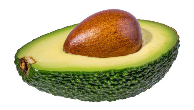 Half avocado with large brown seed, isolated on transparent background
