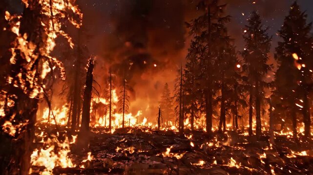 Devastating forest fire engulfs trees in flames, illuminating night sky with smoke and sparks, showcasing destruction in wilderness