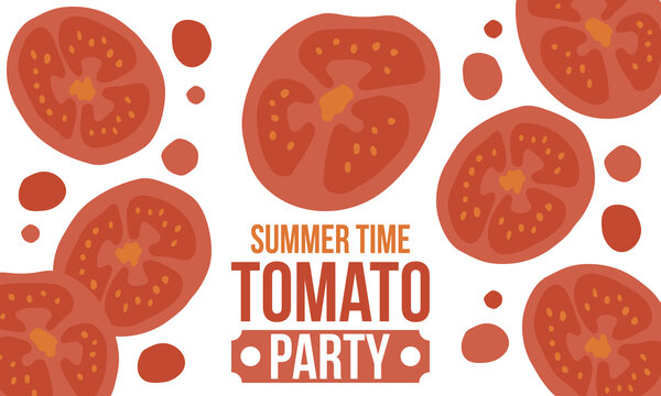 Summer Time Tomato Party Banner Template Set with Whole Tomatoes, Slices, and Arugula Leaves in Flat Minimalist Design
