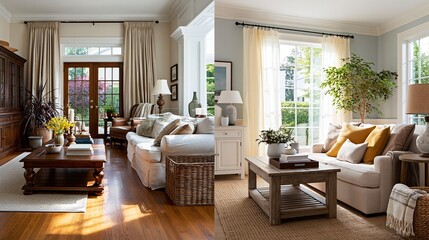 Fototapeta premium A split interior scene contrasts dated home decor with fresh updates: one side shows heavy drapes, dark wood, and mismatched accessories; the other features airy curtains, light upholstery, clean