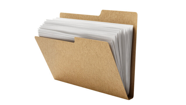 Brown cardboard file folder holding stack of white paper sheets, isolated on transparent background