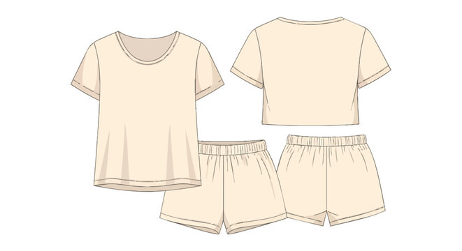 Women's Loungewear Set Technical Drawing with Short Sleeve Crop Top and Elastic Waist Shorts Flat Sketch