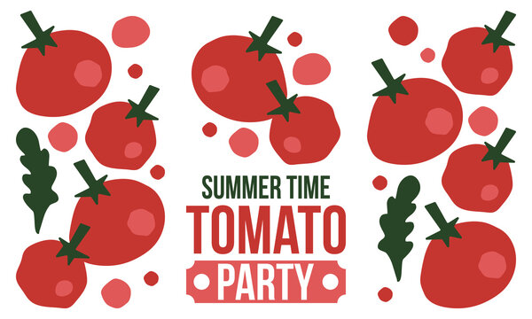 Summer Time Tomato Party Banner Template Set with Whole Tomatoes, Slices, and Arugula Leaves in Flat Minimalist Design