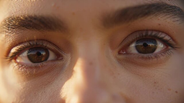 Blinking woman squinting from low sun outdoors, shifting left then centering, brown eyes reflecting