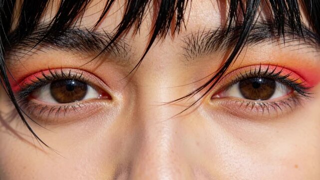 Blinking model reacting to camera cue, lowering upper lids in studio closeup with orange eyeshadow