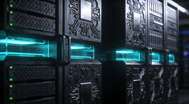 Futuristic corporate data center server racks with glowing cyan lights representing cloud computing infrastructure and enterprise database security.