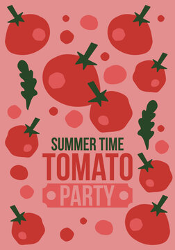 Summer Time Tomato Party Banner Template Set with Whole Tomatoes, Slices, and Arugula Leaves in Flat Minimalist Design