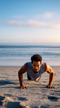 Focused male athlete doing push ups on the beach during sunrise, emphasizing a healthy lifestyle and outdoor exercise. The tranquil ocean background highlights determination and wellness