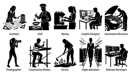 Fototapeta premium Professional Job Occupation Silhouette Set Ten Worker Career Icons