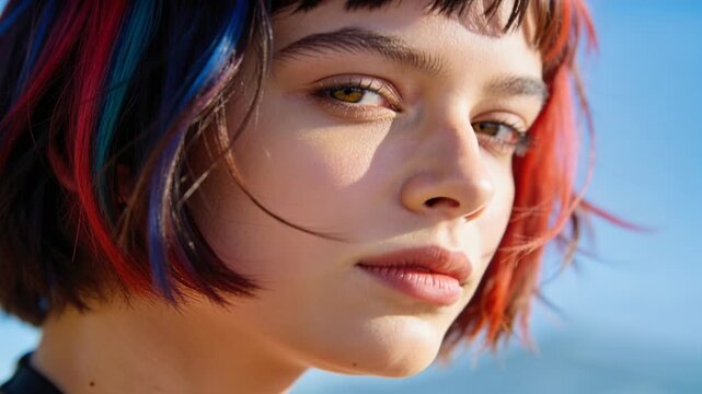 Lifting strands, breeze nudging woman with red-blue bob tucking hair at sea, black strap top sunlit