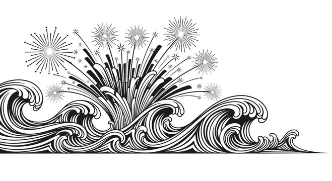 Black and White Graphic Illustration of Fireworks Exploding Over Ocean Waves