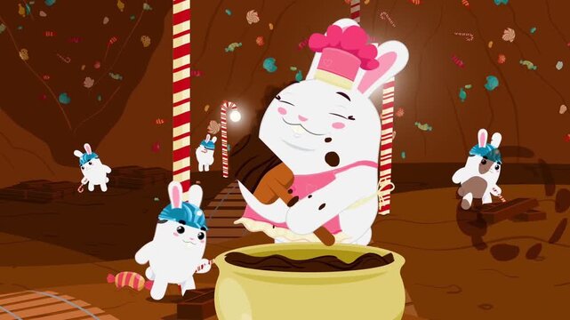 Animated Magic Easter Bunny Cooking in a Cauldron surrounded by Candies, Whimsical Holiday Fantasy Concept