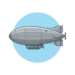 A vintage grey blimp flies against a blue circle background © laze