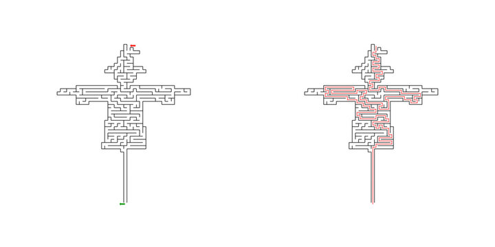 Halloween Scarecrow Silhouette Shaped Maze Puzzle, Vector