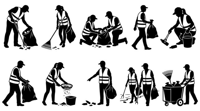 Street Cleaner Silhouette Collection Set Volunteer Cleanup Poses