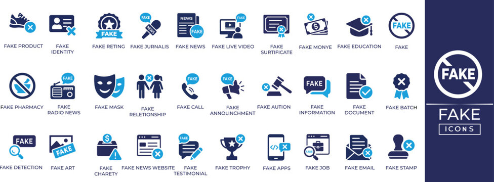 Fake news solid icon set for disinformation, result, legal, justice, newspaper, and profile vector icons for media, journalism, and ethics design.