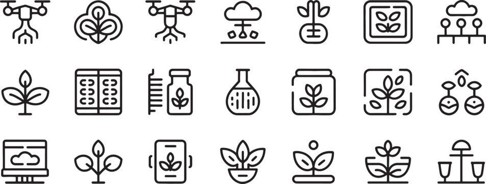 Plant Herb, Leaf and Bottle Icons Set in Black Outline Style for Organic Products and Gardening Themes