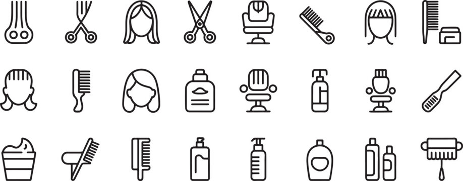 Barber Shop Icons Set with Scissors, Comb, Trimmer, Spray Bottle, Mirror, Razor, and Styling Tools Featuring Hairdressing, Haircut, Grooming