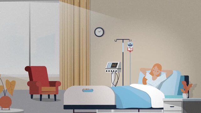 Animated Patient Resting in Hospital Ward Bed with IV Drip, Medical Treatment and Healthcare Recovery Concept
