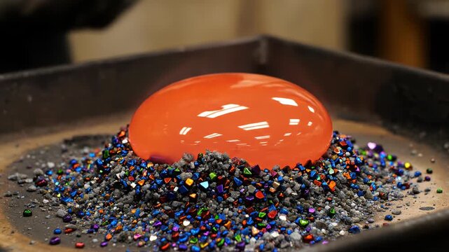 Close-up of a glowing molten glass blob placed on multi-colored crushed glass frit with orange flames visible, highlighting the glassblowing and handcrafting process in a studio.
