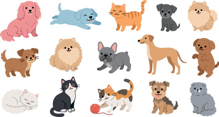 Obraz premium Kawaii dog and cat illustration pack with french bulldog pomeranian calico kitten and terrier breeds for kids stickers and greeting cards