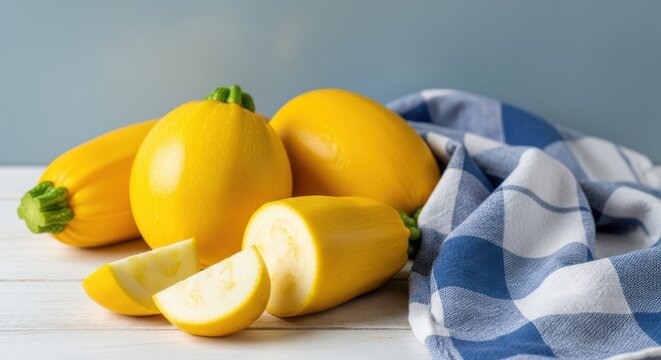 Fresh yellow zucchini squash on a white wooden table