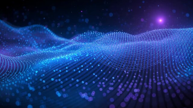 Upon playback sweeping particle mesh rippling across dark void, purple flare highlighting nodes