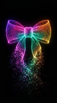 Vibrant bow tie morphing into shimmering stardust on a deep dark backdrop