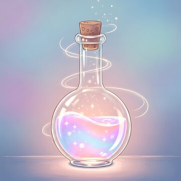 Magical glowing potion bottle with shimmering pastel liquid.
