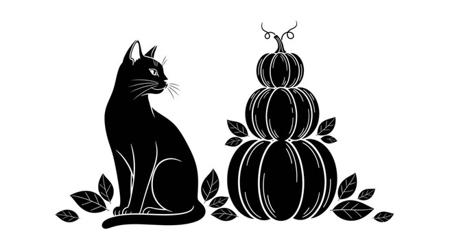 Black Cat Sitting Next to a Stack of Pumpkins Silhouette