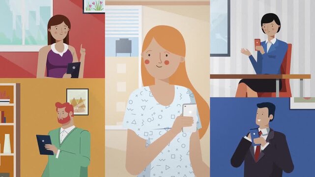 Four Screen Split 2D Animation of Business People in Communication, Video Calls and Corporate Interaction Loop