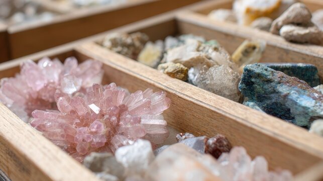 Rose quartz and mixed mineral crystal collection in wooden display boxes for gem shops, healing layouts, jewelry design, product styling and background use