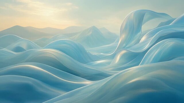 Abstract flowing translucent blue waves resembling fabric or ice in soft light
