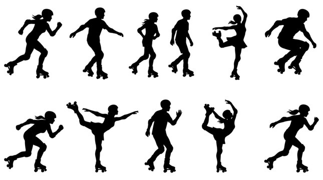Roller Skating Silhouette Set Collection Of Active Sport Poses
