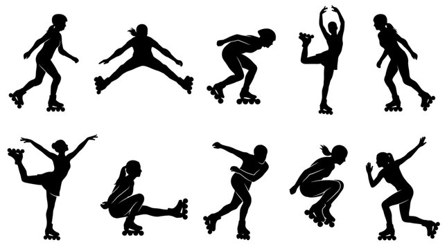 Roller Skating Silhouette Set Ten Female Inline Skating Poses